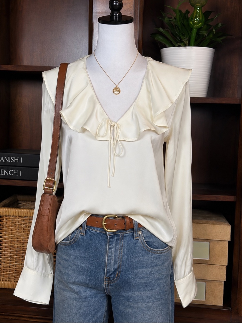 J.Crew Goldie Satin Look Ruffle Tie Neck Blouse Ivory Viscose Romantic Chic